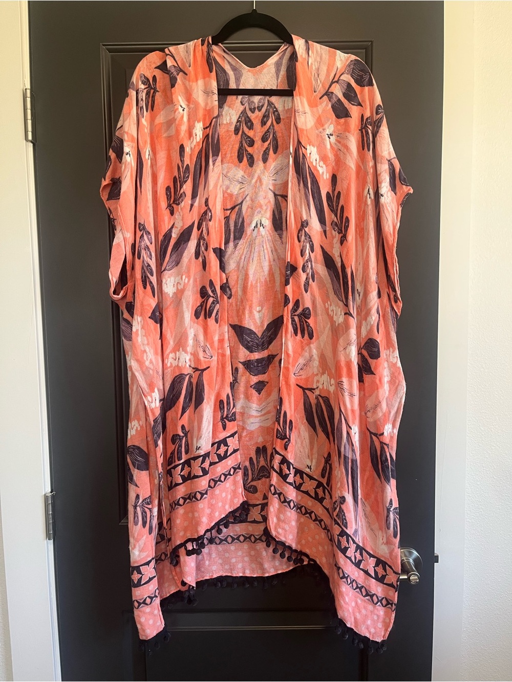 Lime Lush Peach Floral Kimono Cardigan with Pom Pom Trim Size Small Gently Used